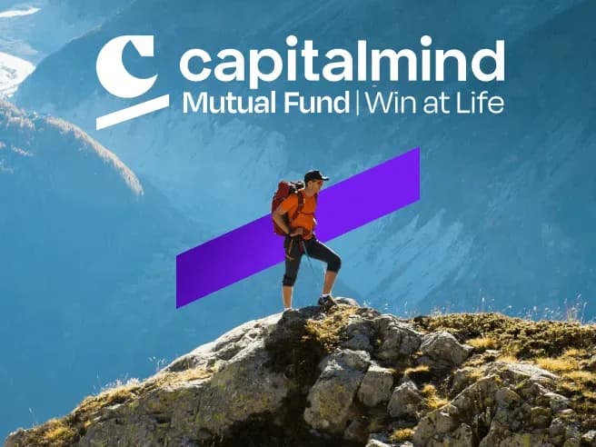 Capitalmind Mutual Fund campaign visual featuring a hiker on a mountain landscape