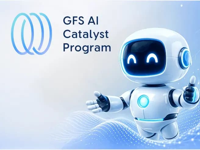 GFS AI Catalyst Program campaign featuring a friendly AI robot illustration