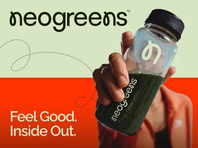 NeoGreens wellness drink branding with green beverage bottle and lifestyle photography