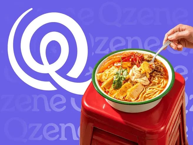 Qzene food brand visual featuring a bowl of noodles with bold branded graphics