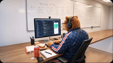 Bear software developer coding a mobile application at a workstation
