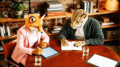 Fox and leopard professionals collaborating on digital product planning at a table