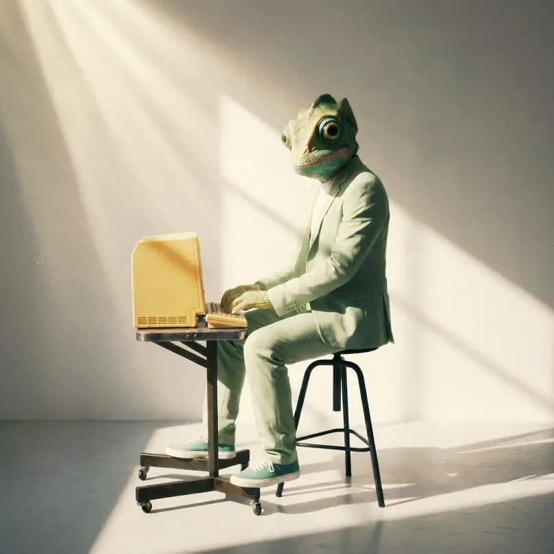 Chameleon designer working on a vintage computer in a minimalist creative workspace