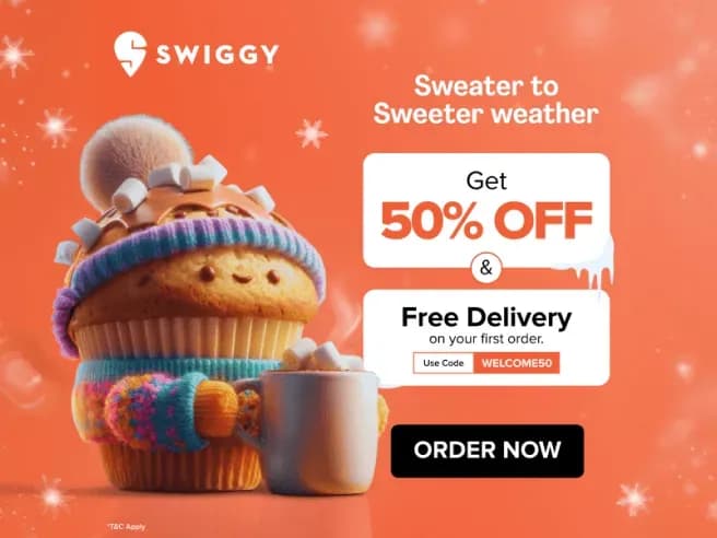 Swiggy winter promotional campaign featuring a knitted cupcake character and hot drink