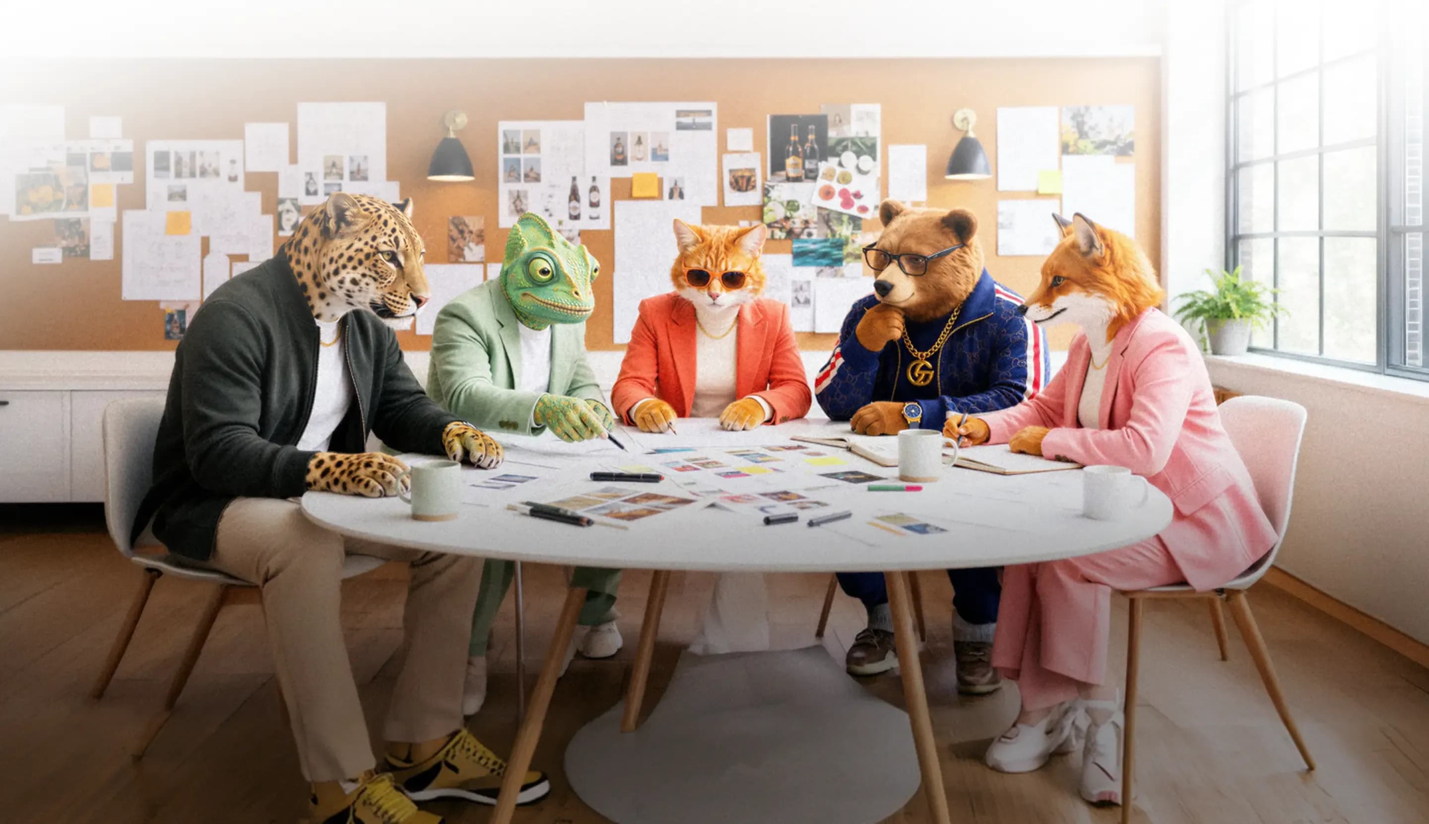 Creative team with animal characters collaborating around a table in a modern design studio